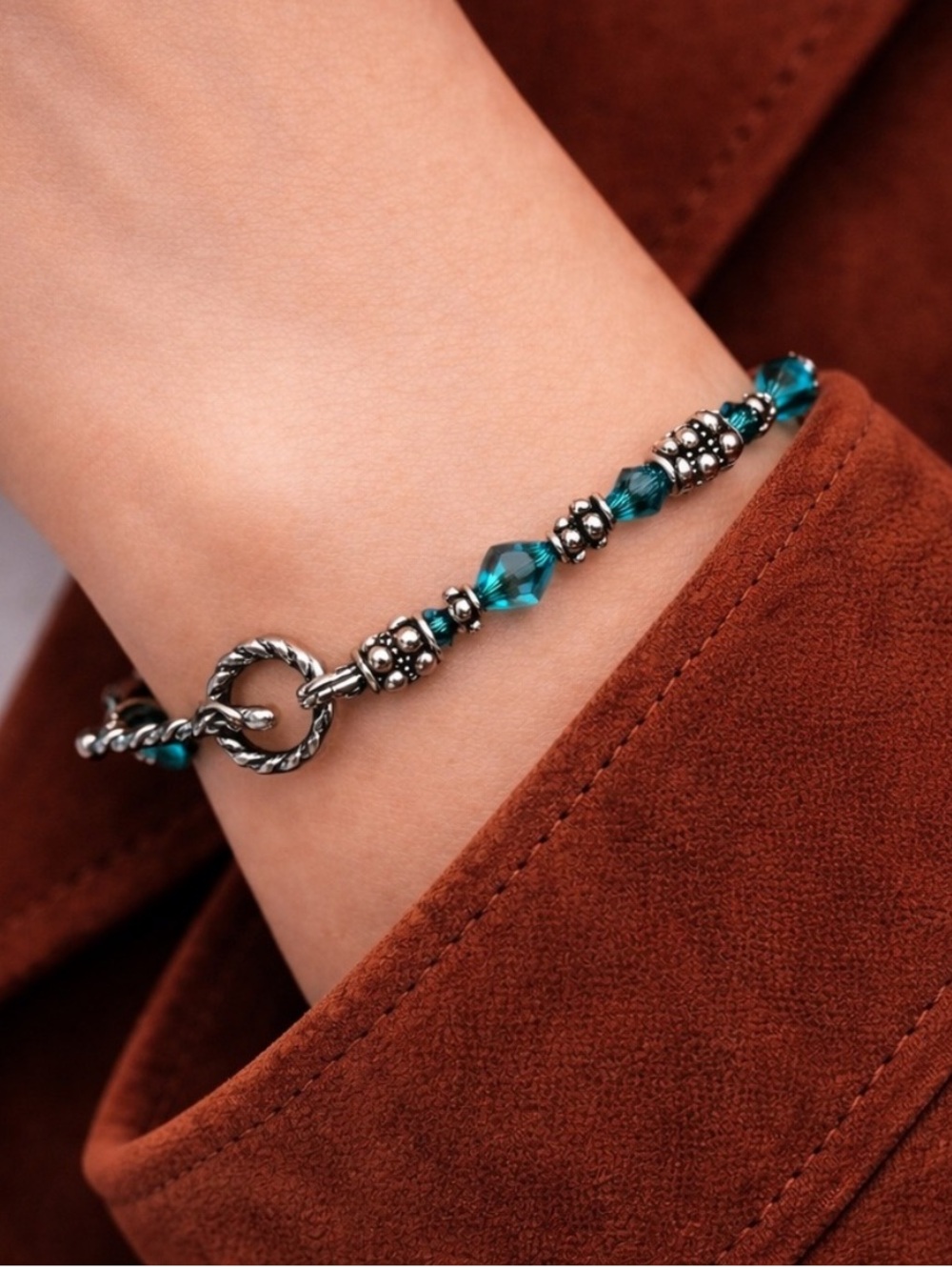STERLING SILVER Blue Crystal Bali Spacer Bracelet 7in